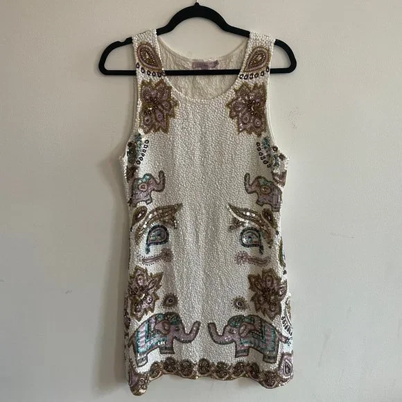 Calypso St. Barth Sequin Linen Mini Dress Size M White Pink Boho Resortwear - Picture 1 of 9